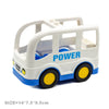 A white city traffic building block set featuring a vehicle and trailer with blue accents.