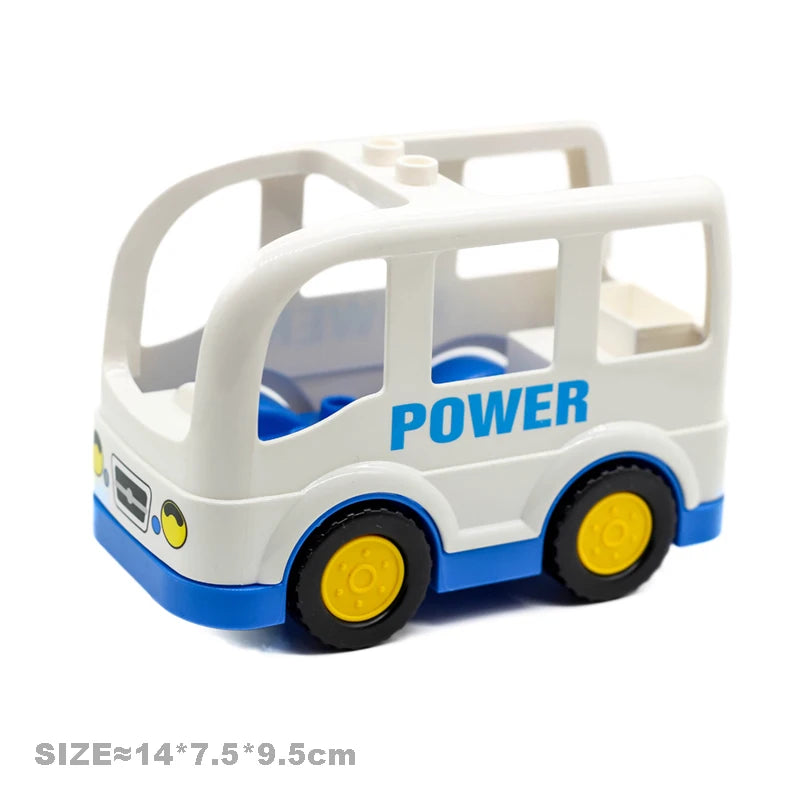 A white city traffic building block set featuring a vehicle and trailer with blue accents.