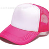 A pink and white trucker hat with a mesh back and a pink brim.