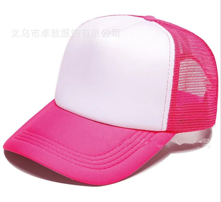 A pink and white trucker hat with a mesh back and a pink brim.