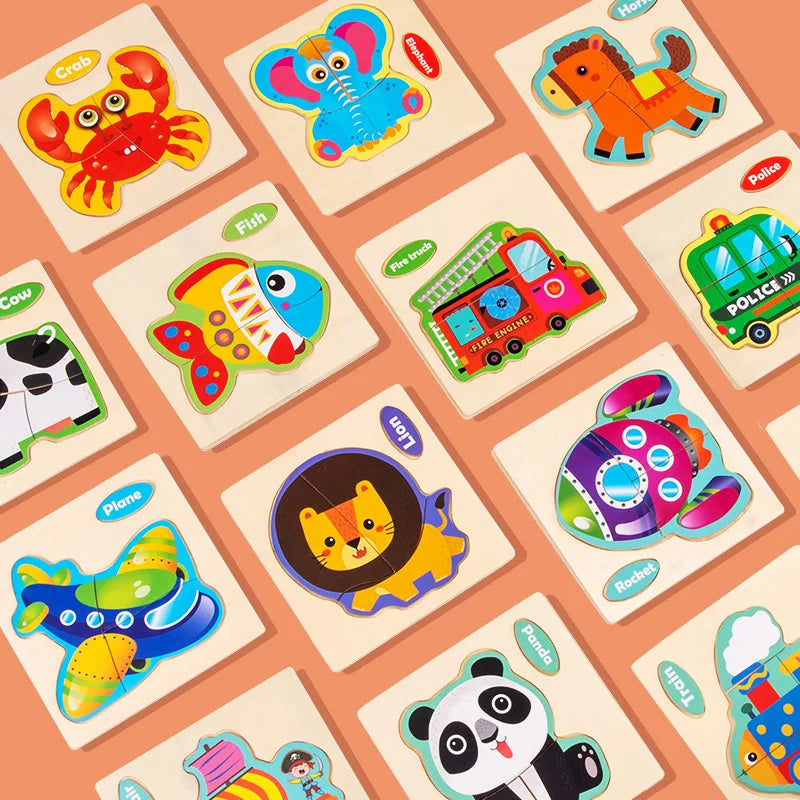 Wooden 3D Cartoon Animal Jigsaw Puzzle for Kids