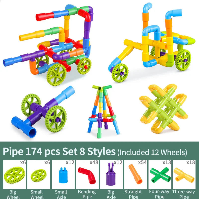 A set of 174 pipe building blocks in various colors and styles including pipes, axles, and wheels for Montessori play