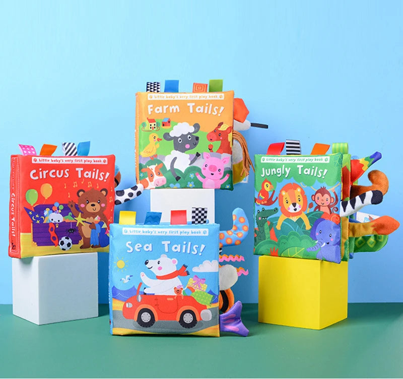 A collection of colorful cloth books featuring farm, circus, and jungle animal tails for baby sensory development.