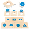 A wooden Montessori math learning set featuring a spindle box and various geometric shapes cut from light wood.
