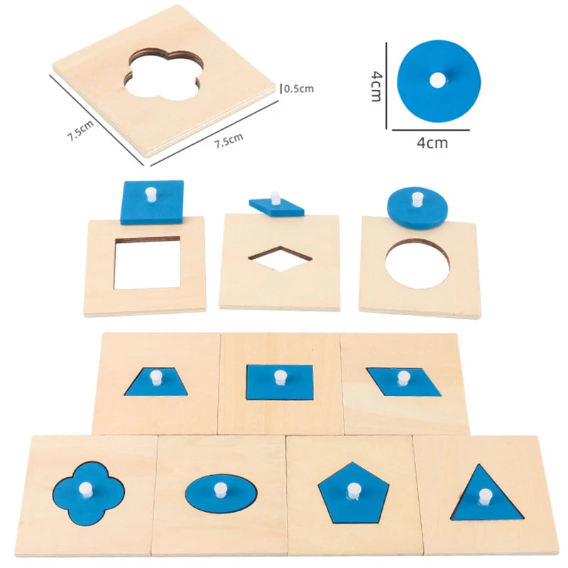 A wooden Montessori math learning set featuring a spindle box and various geometric shapes cut from light wood.