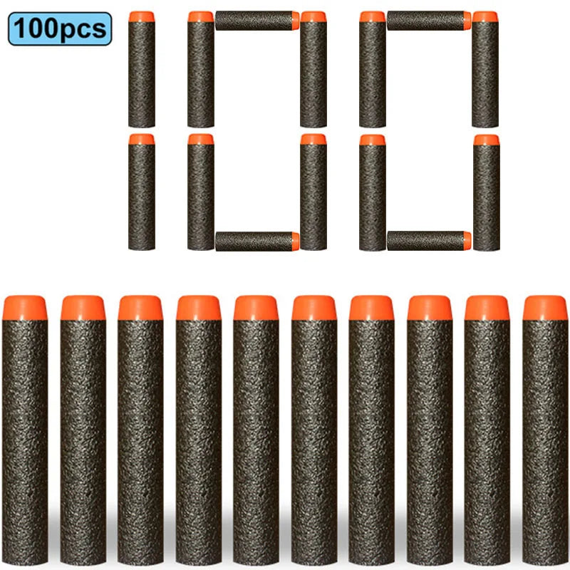 A row of 100 soft foam dart refills in black and orange packaging.