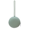 A light sage green silicone pacifier holder with a long loop and a textured, oval-shaped base.