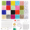 A variety of colorful glass seed beads in various shades are displayed alongside tools for jewelry making.