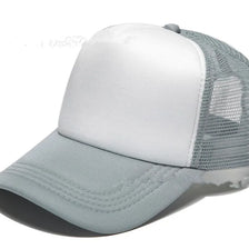 A light gray trucker hat with a white front panel and a mesh back.