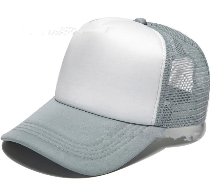 A light gray trucker hat with a white front panel and a mesh back.