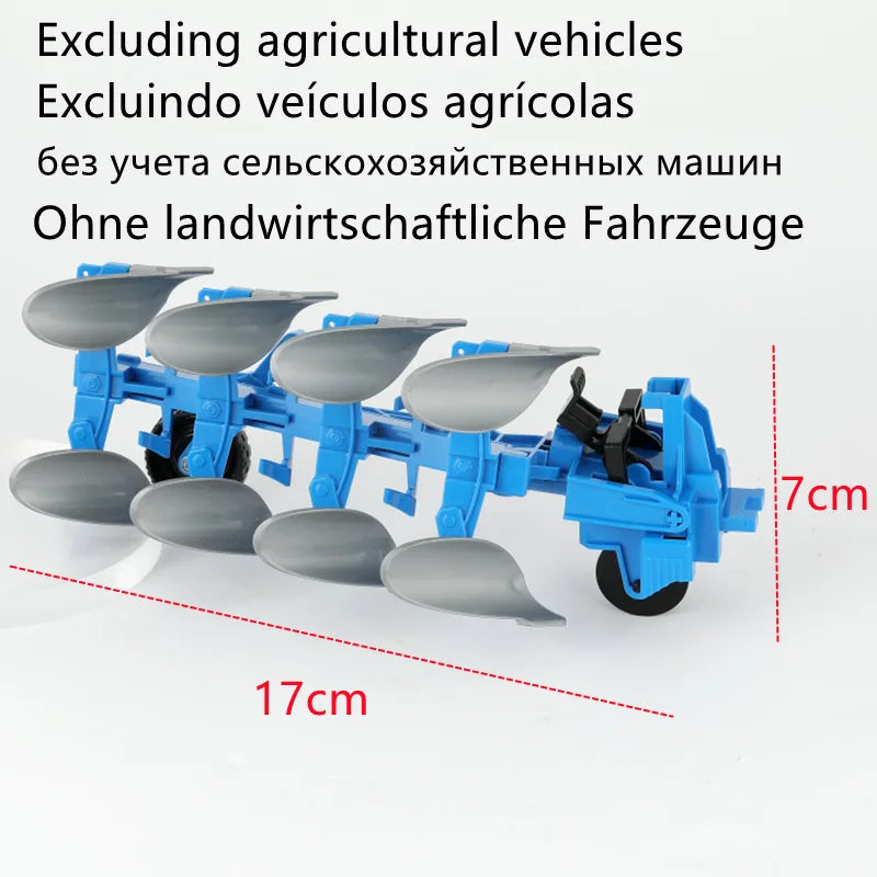 Blue remote control tractor with a trailer and lights, showing various attachments.