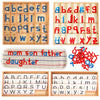 Montessori wooden alphabet box containing red and blue letter cards and a felt fabric featuring the words mom son father daug
