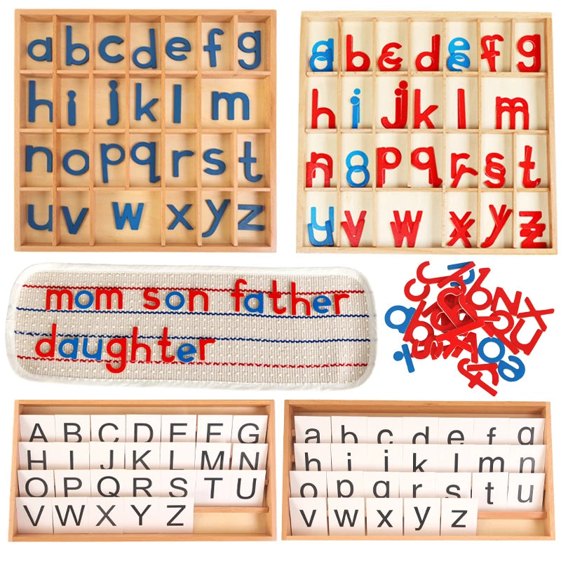 Montessori wooden alphabet box containing red and blue letter cards and a felt fabric featuring the words mom son father daug