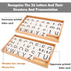 A wooden box storage set for learning the 26 letters, featuring lowercase and uppercase printed letter cards.