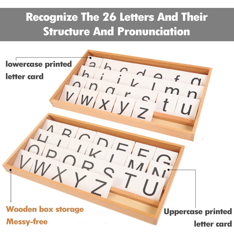 A wooden box storage set for learning the 26 letters, featuring lowercase and uppercase printed letter cards.