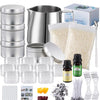 A complete candle making kit featuring metal pots, glass containers, wicks, and a vanilla fixator.