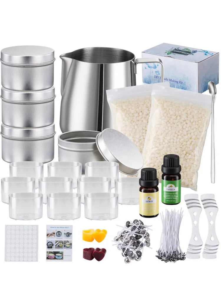 A complete candle making kit featuring metal pots, glass containers, wicks, and a vanilla fixator.