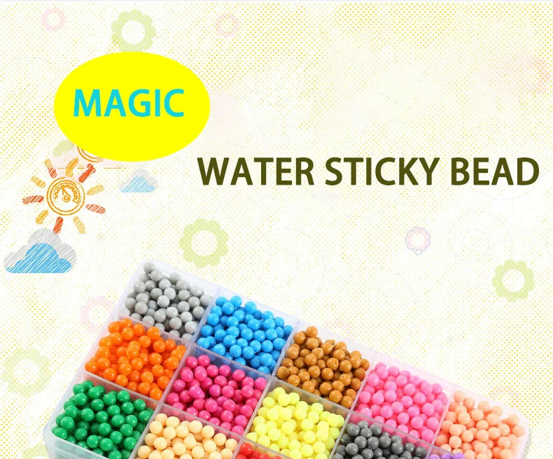 A collection of colorful water sticky beads in various shades and sizes displayed in a clear plastic container.