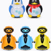 Three versions of a magic line-following robot toy car with pen in blue, black, and yellow.