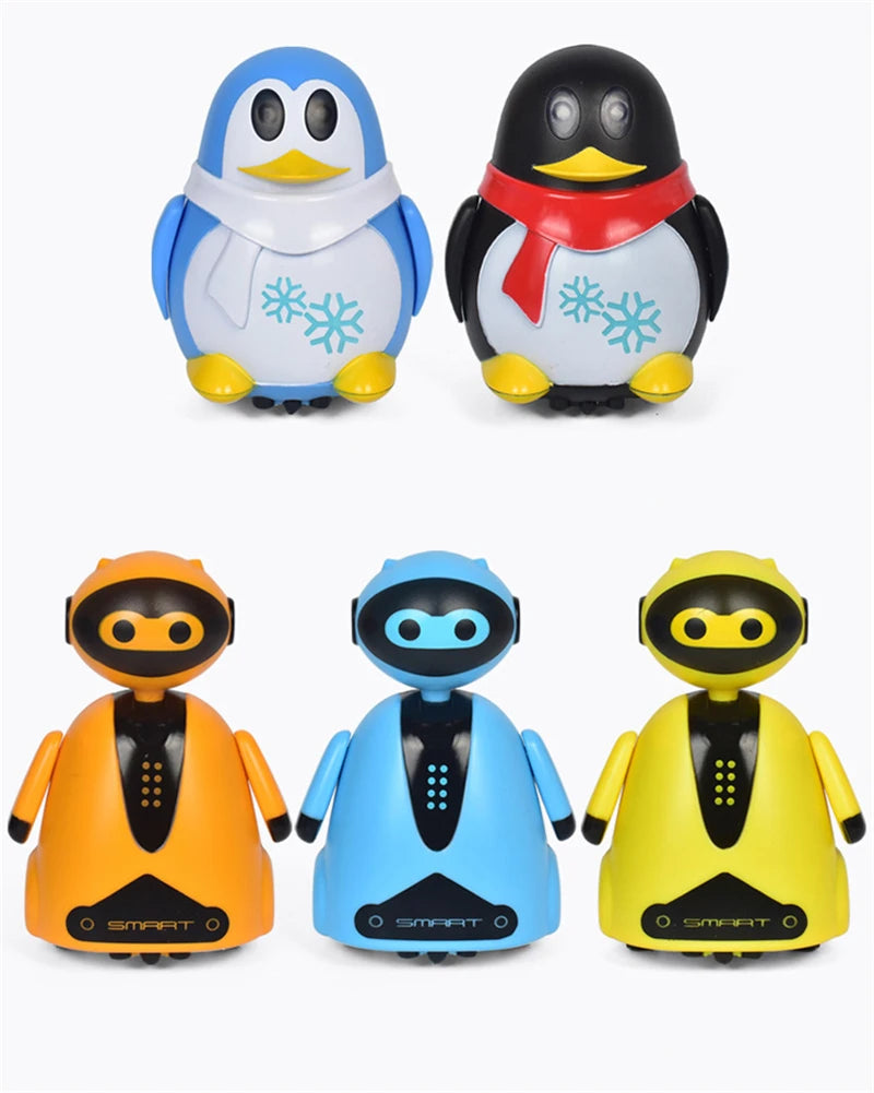 Three versions of a magic line-following robot toy car with pen in blue, black, and yellow.