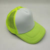A bright lime green trucker hat with a white front and a yellow mesh back.