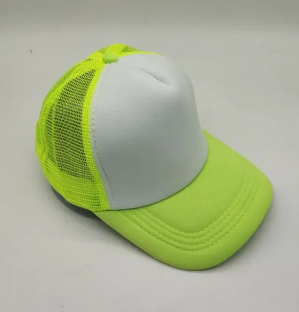 A bright lime green trucker hat with a white front and a yellow mesh back.