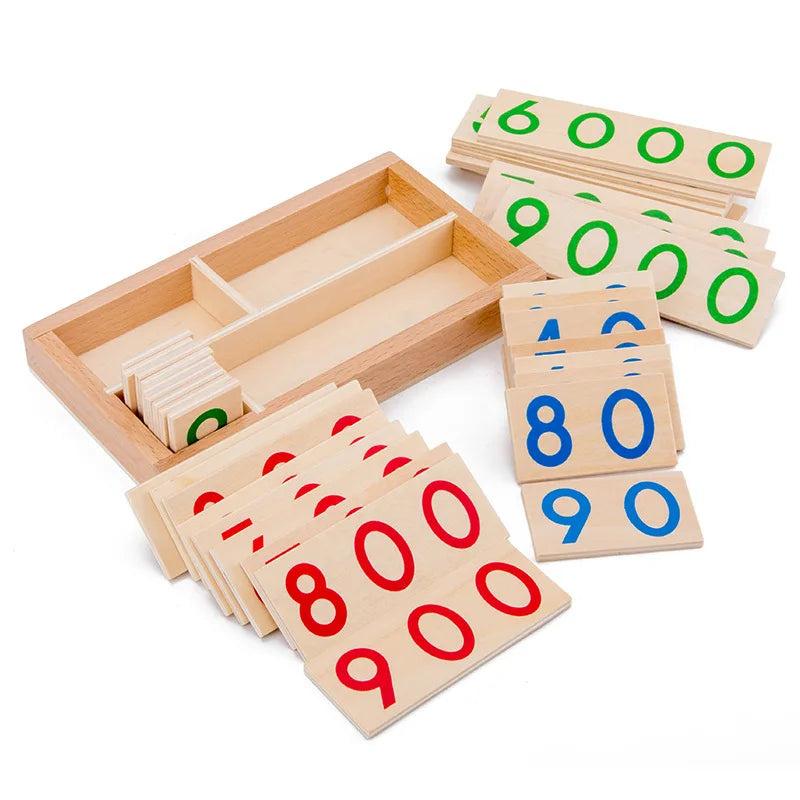 A wooden Montessori math learning set featuring a spindle box and geometric number cards.