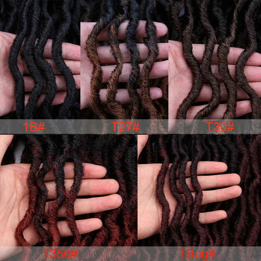 Close-up photos showing various shades of dark hair extensions and dreadlocks being styled on hands.