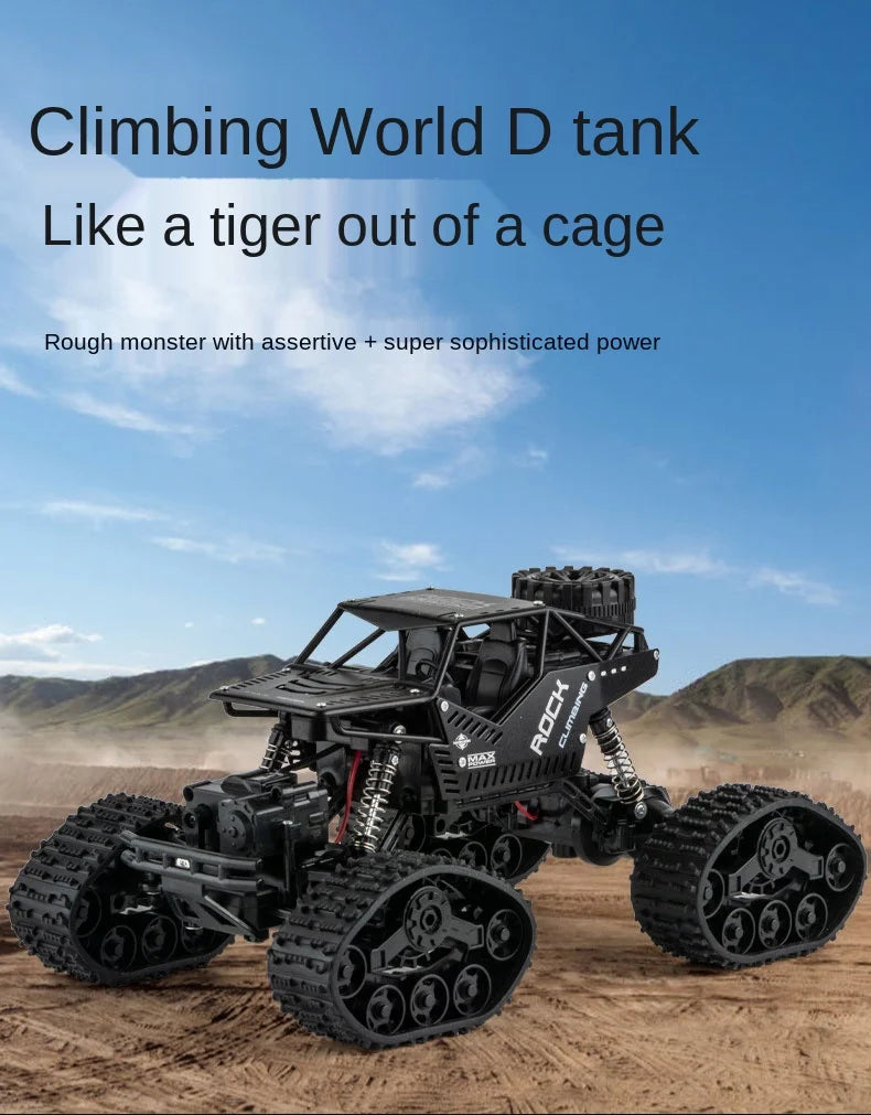 A black climbing World D tank off-road crawler truck is shown in a desert landscape.