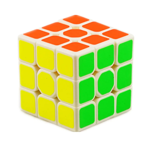 A 3x3 magic cube speed puzzle with colored blocks in orange, yellow, and green.