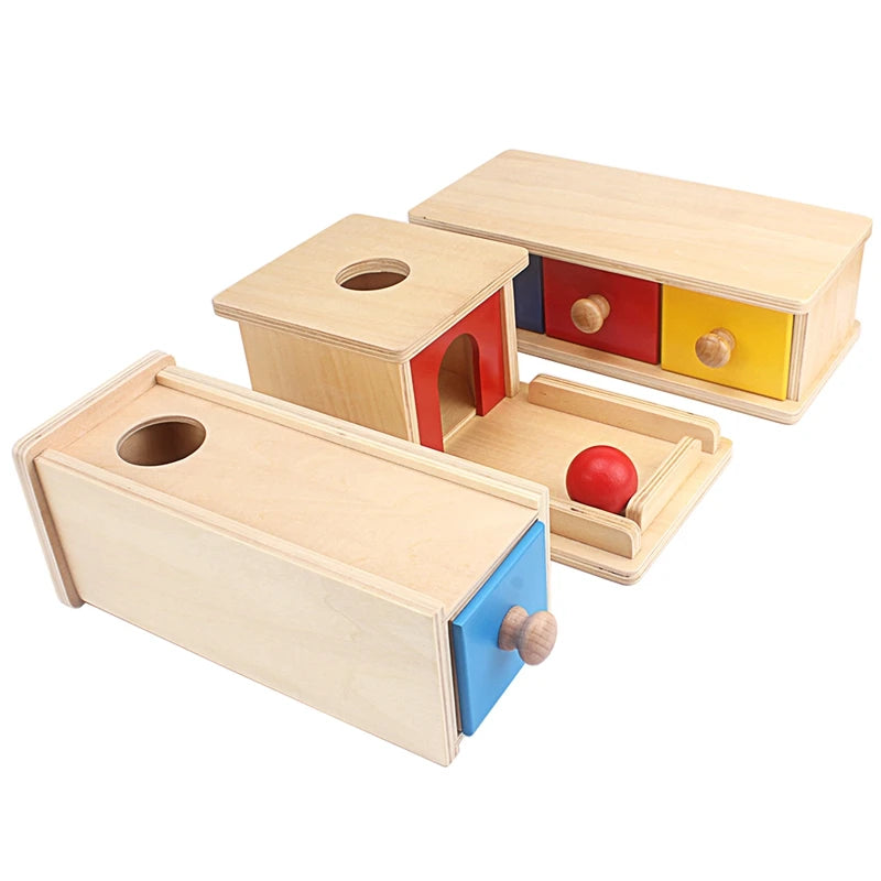 A wooden Montessori sensory toy set featuring nested boxes and colorful inserts for toddlers.