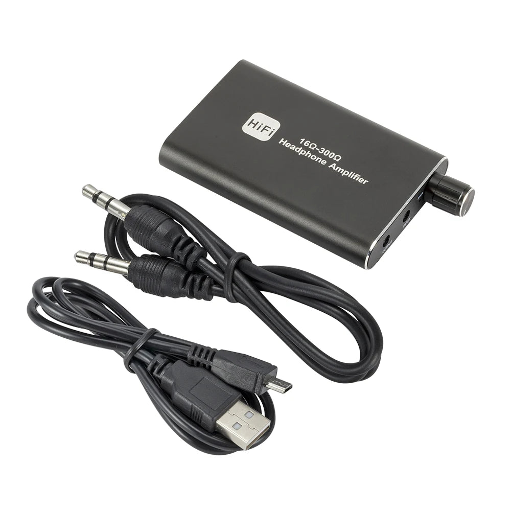 A black portable HiFi headphone amplifier with a cable and USB connector is shown.