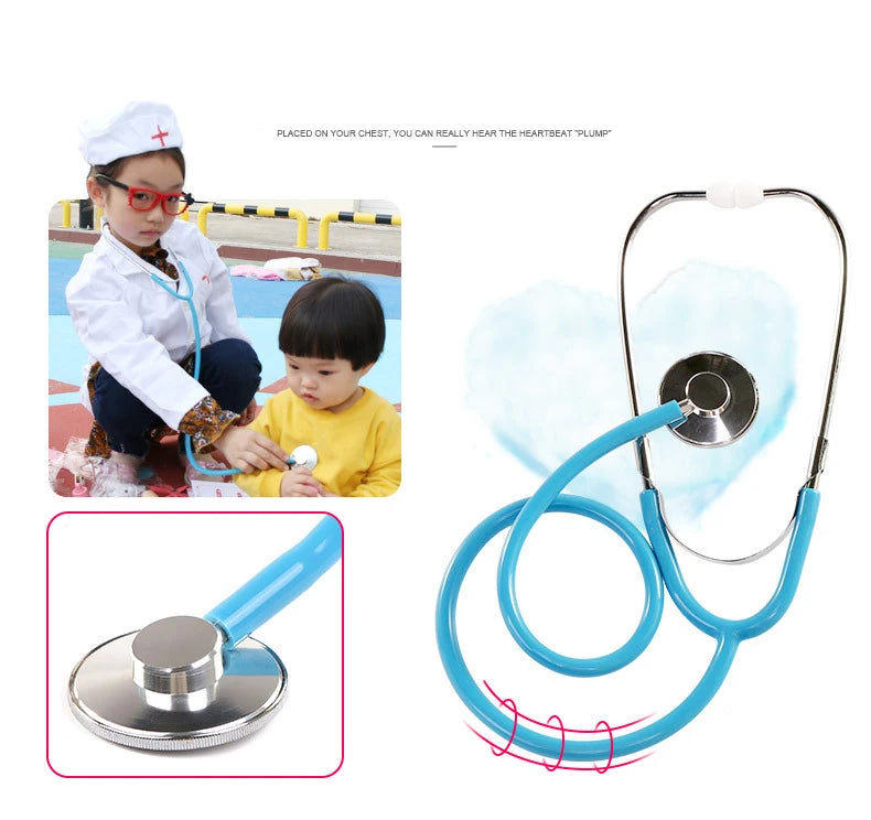 Wooden pretend play doctor medical kit with a stethoscope and a doctor doll