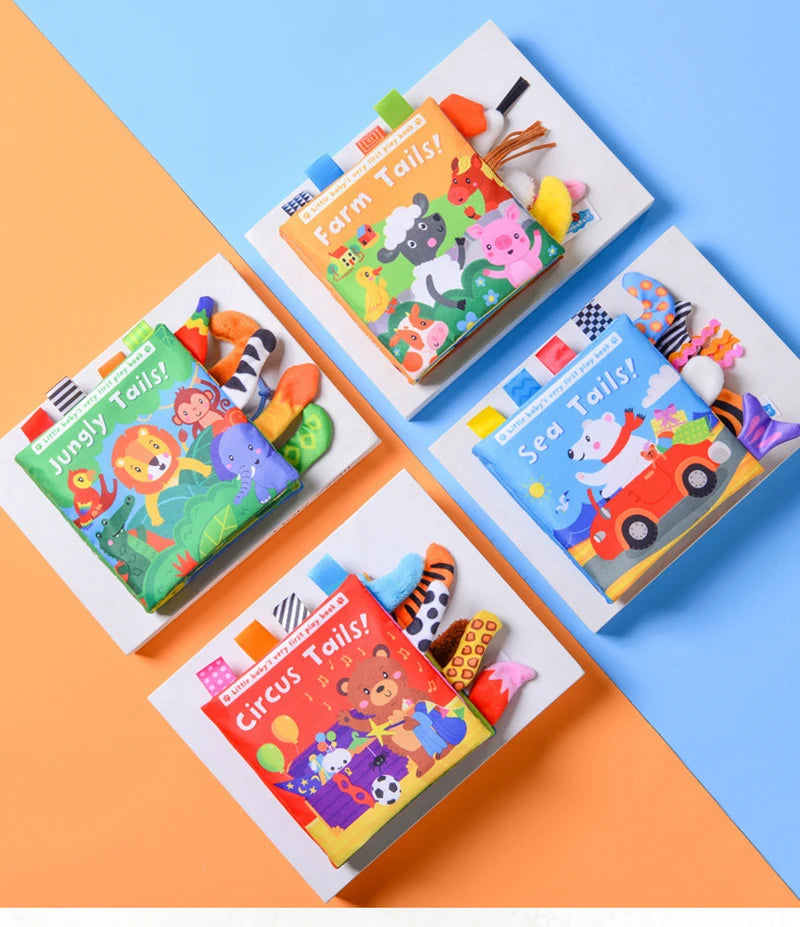 A set of colorful cloth books featuring farm, jungle, and circus animal tails for baby sensory development.