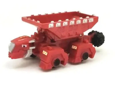 A red die-cast dinosaur truck toy with a removable dino figure.