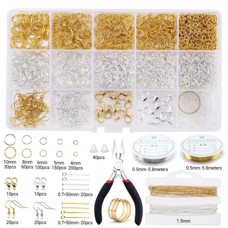 A collection of gold and silver jewelry making supplies including findings, tools, and wire for crafting.