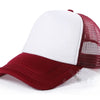 A white and maroon trucker hat with a mesh back and a solid maroon front panel.