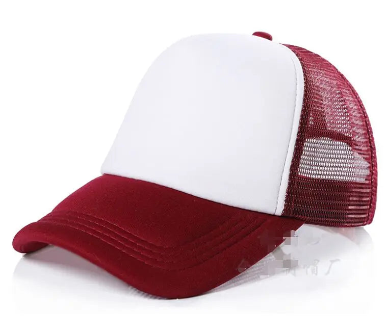 A white and maroon trucker hat with a mesh back and a solid maroon front panel.