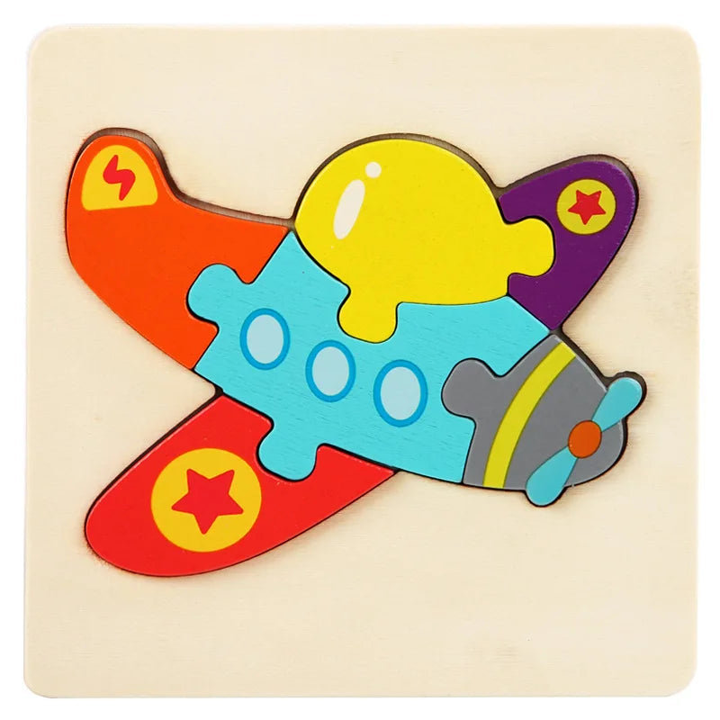 A wooden puzzle shaped like a colorful cartoon animal, featuring yellow, blue, and purple pieces.