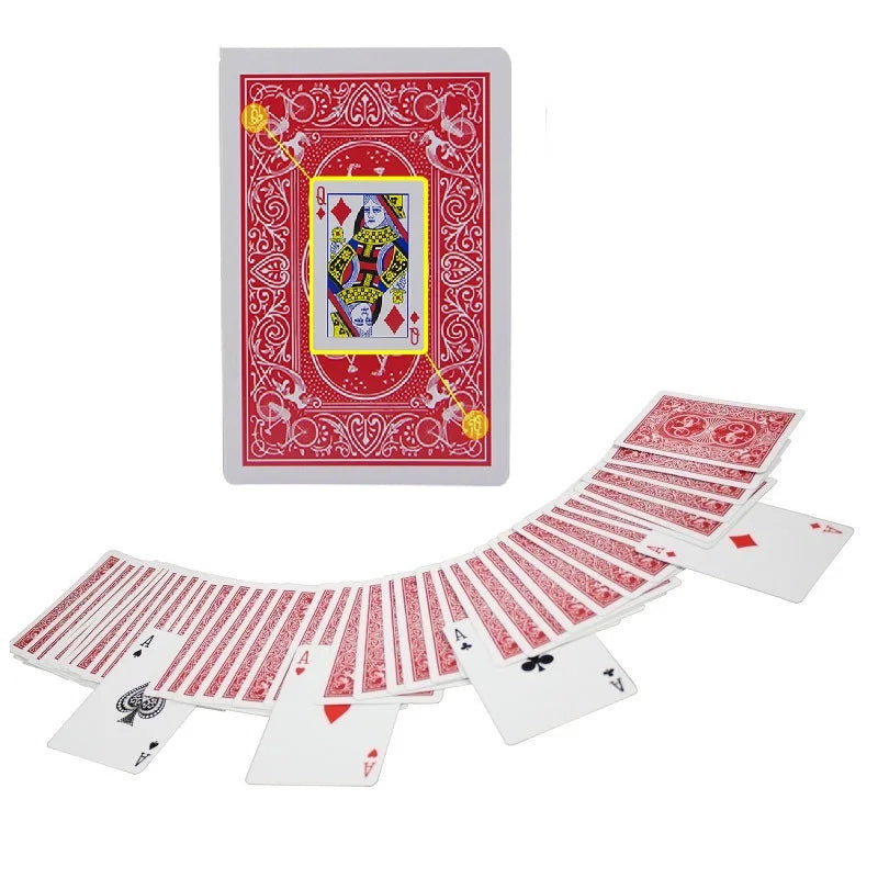 A deck of playing cards featuring a red background and a central card with a yellow border and intricate design.