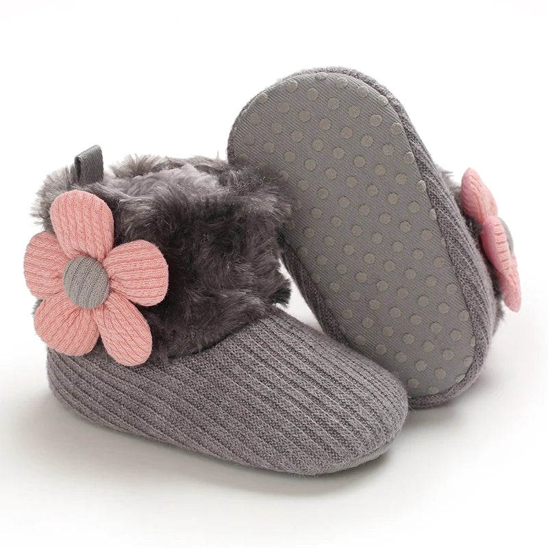 Gray plush baby snow boots for girls and boys with anti-slip soles