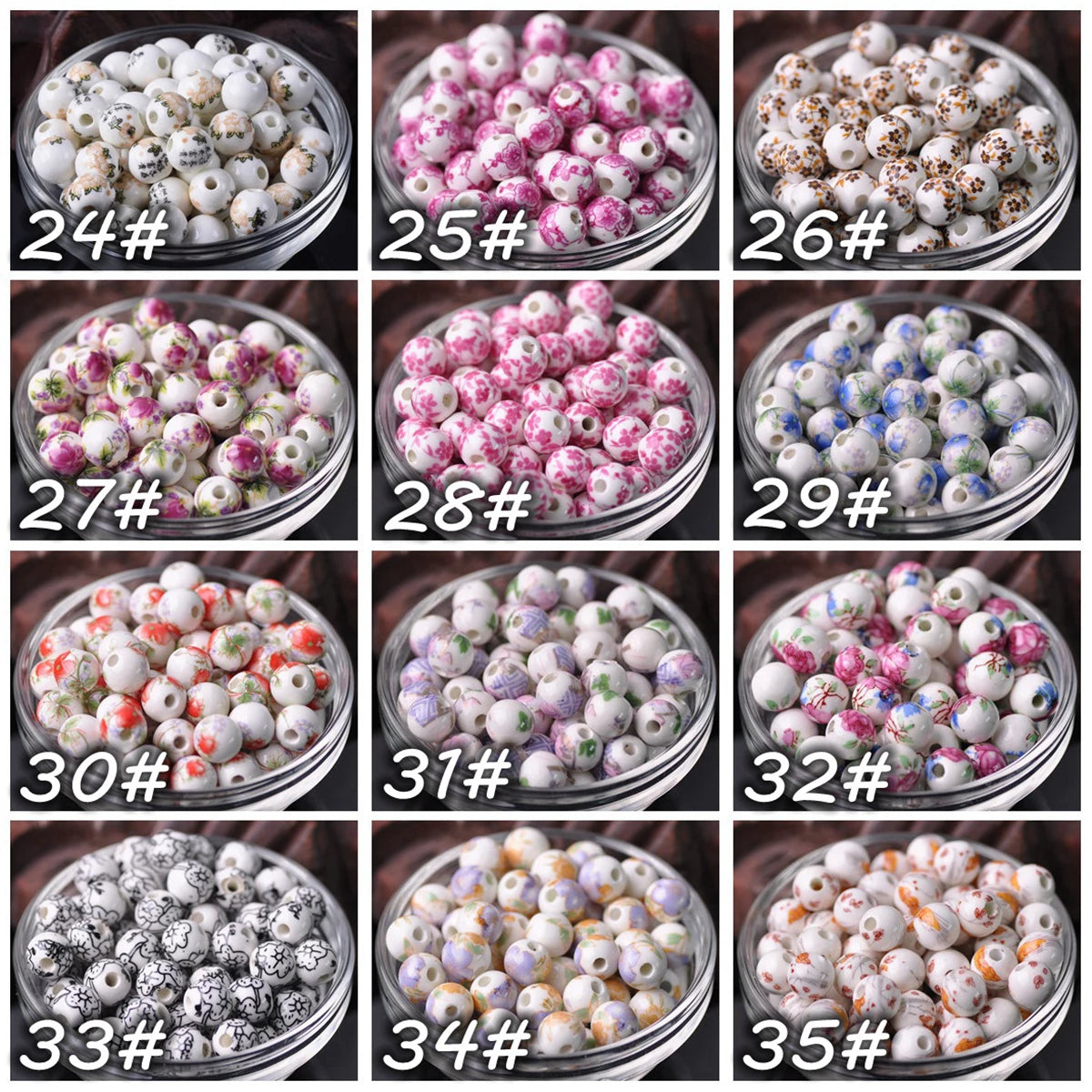 A grid of 12 glass bowls filled with various shades of floral ceramic beads for jewelry making