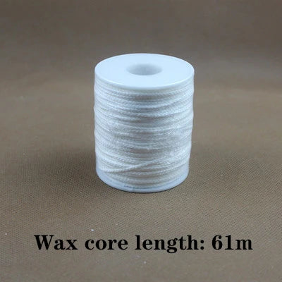 A roll of white wax core candle wicks with metal sustainers, measuring 61 meters long.