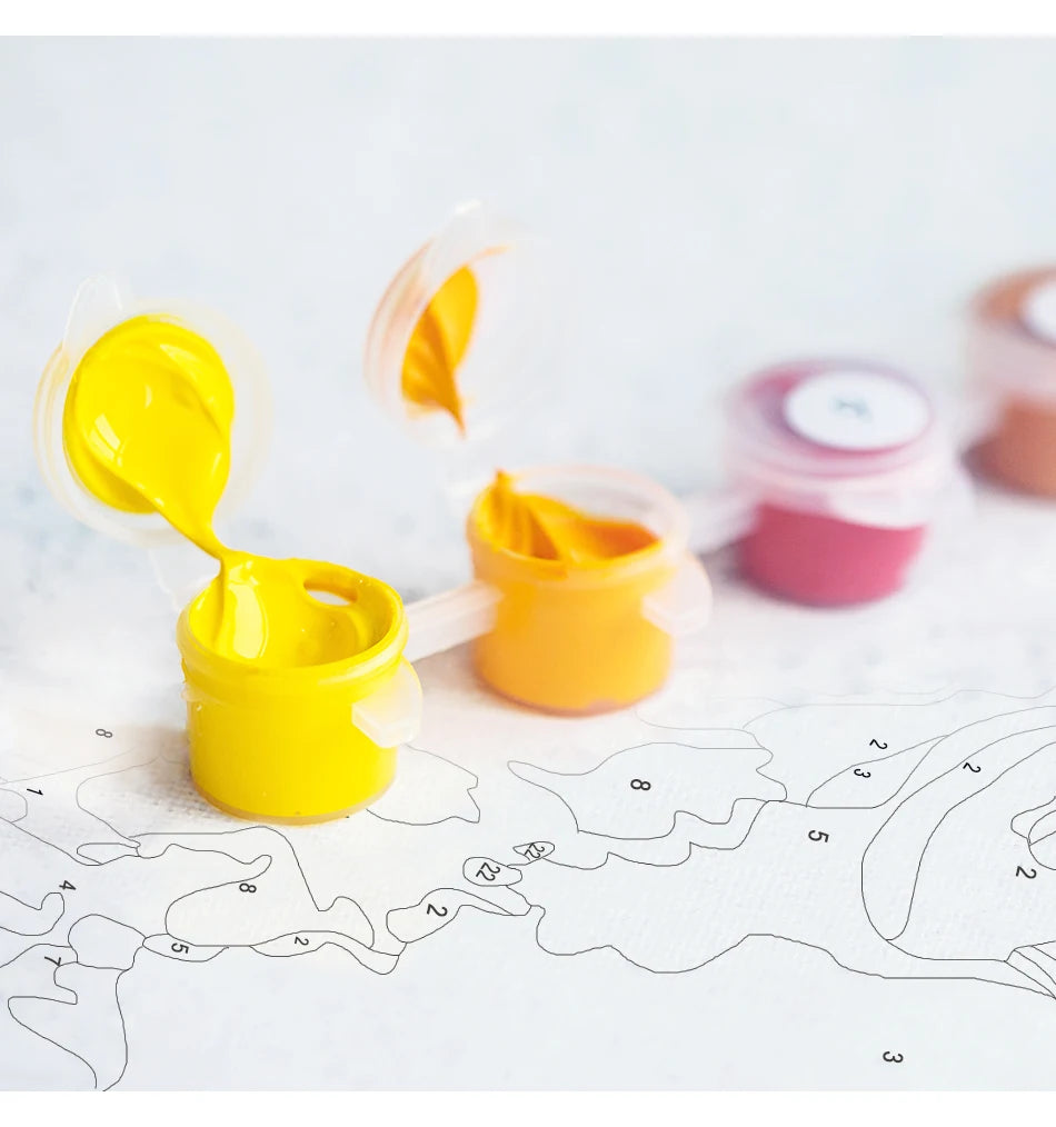 A yellow paint dropper is shown over a map outline, demonstrating the use of the DIY Sunset Landscape Paint by Numbers kit.