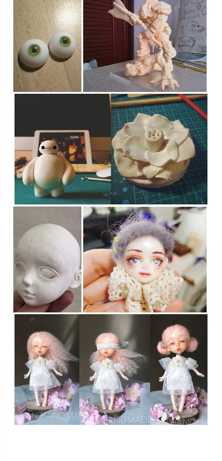 A collection of soft polymer clay sculptures, including a figure, a flower, and several doll-like figures.