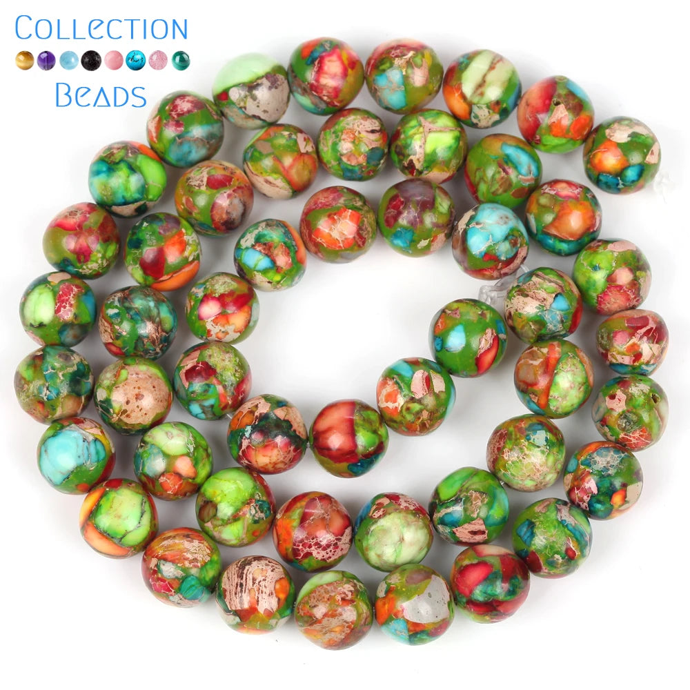 A collection of natural sea sediment jasper and turquoise beads for jewelry making