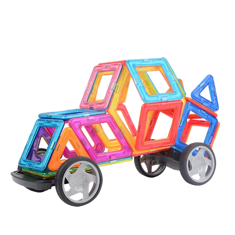 A colorful magnetic building tiles set shaped like a vehicle, featuring transparent and translucent plastic pieces.