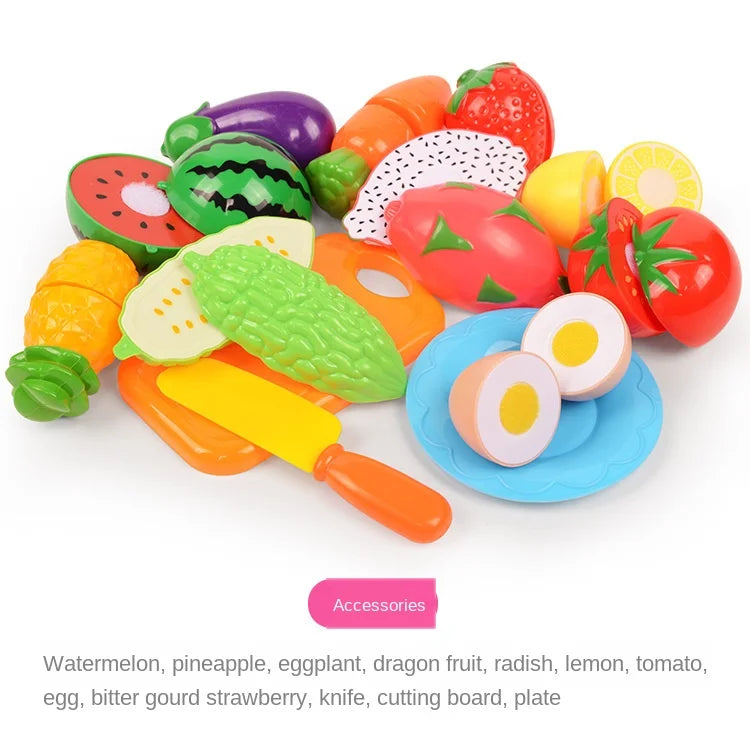 A colorful pretend play cutting set featuring various fruits and vegetables like watermelon, tomato, and egg.
