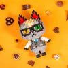 A LEGO minifigure of a fierce cat built from gray and black bricks is displayed on an orange background with loose bricks.