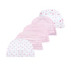 A collection of pink and white striped knit baby hats featuring cartoon stars and hearts.